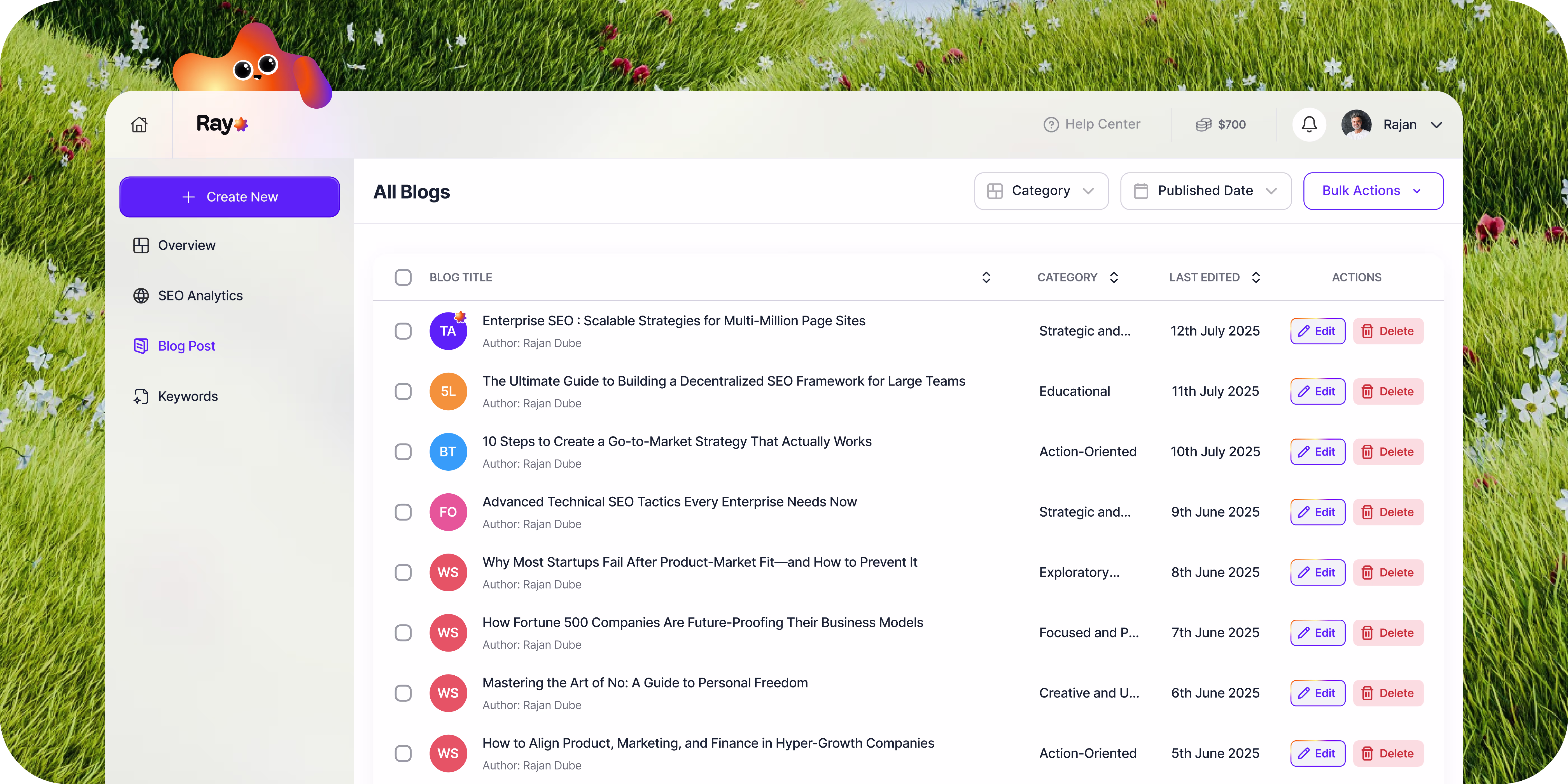 Rayo SEO Dashboard Interface